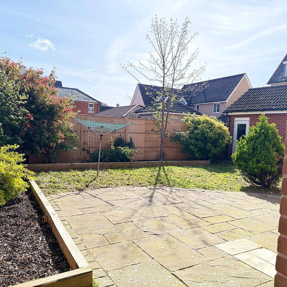 The garden at Hammond House, with lawn, planting and space to move around.